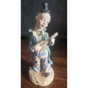 Vintage 8 Inch Bisque Clown Figurine Playing Mandolin Instrument Ceramic